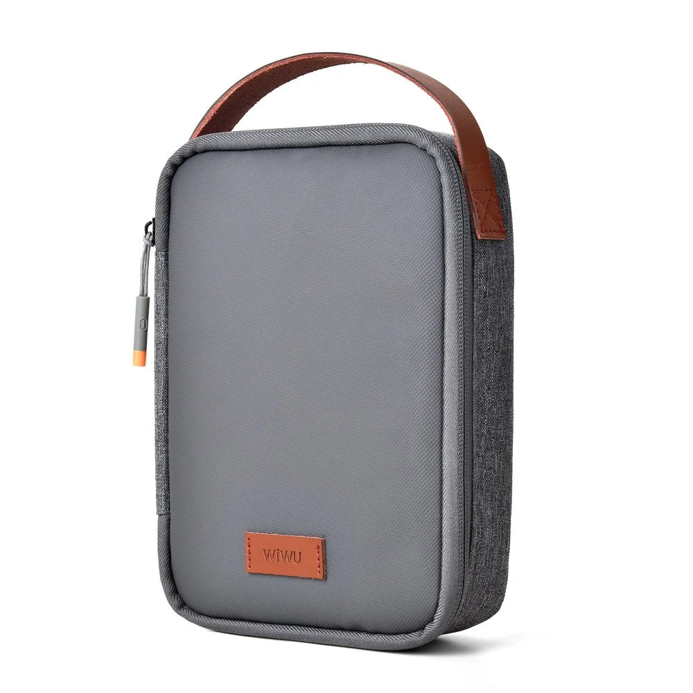 WIWU Splash-Proof Polyester Storage Bag with Leather Strap, Portable Zippered Organizer Bag - Grey - 1
