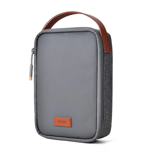 WIWU Splash-Proof Polyester Storage Bag with Leather Strap, Portable Zippered Organizer Bag - Grey - 1