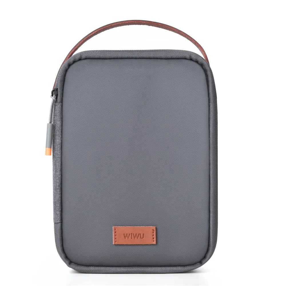 WIWU Splash-Proof Polyester Storage Bag with Leather Strap, Portable Zippered Organizer Bag - Grey - 2