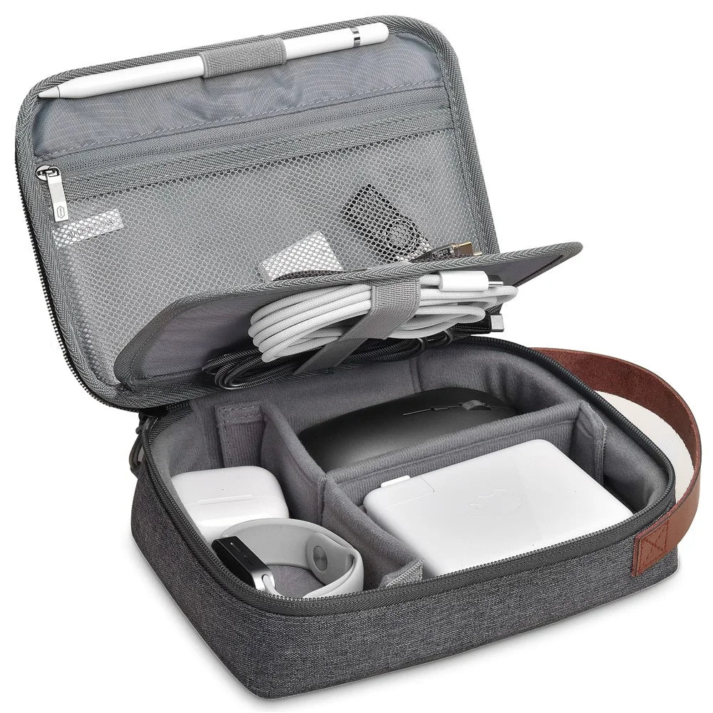 WIWU Splash-Proof Polyester Storage Bag with Leather Strap, Portable Zippered Organizer Bag - Grey - 3