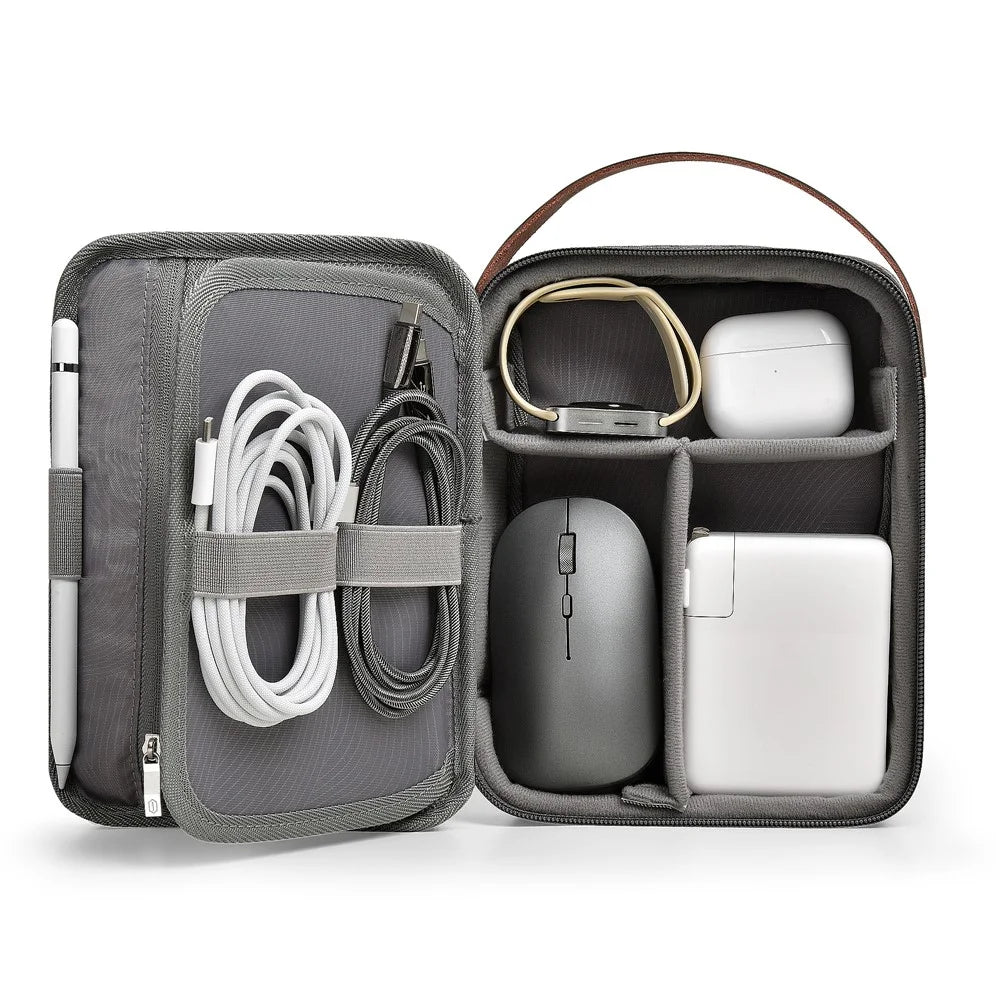 WIWU Splash-Proof Polyester Storage Bag with Leather Strap, Portable Zippered Organizer Bag - Grey - 4