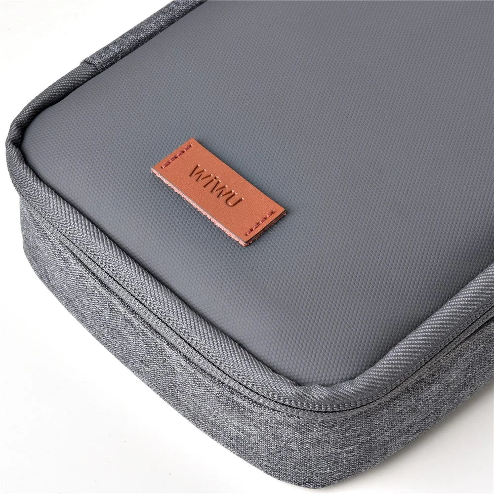 WIWU Splash-Proof Polyester Storage Bag with Leather Strap, Portable Zippered Organizer Bag - Grey - 5
