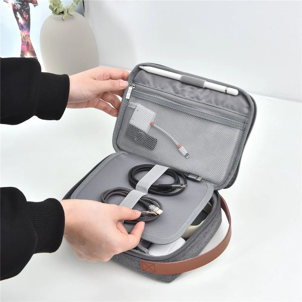 WIWU Splash-Proof Polyester Storage Bag with Leather Strap, Portable Zippered Organizer Bag - Grey - 6