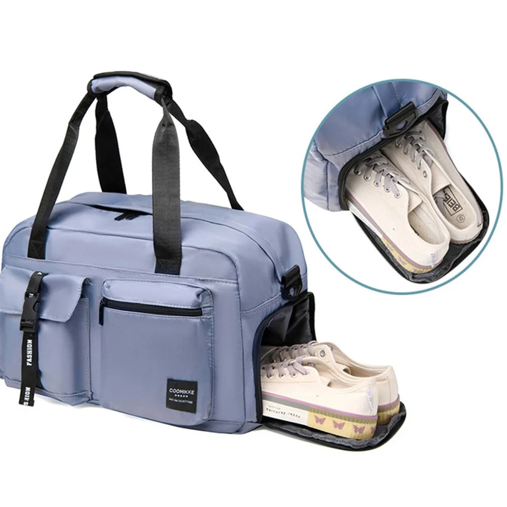 Dry Wet Separation Gym Bag Waterproof Oxford Cloth Travel Tote Bag with Shoes Compartment - Baby Blue - 4