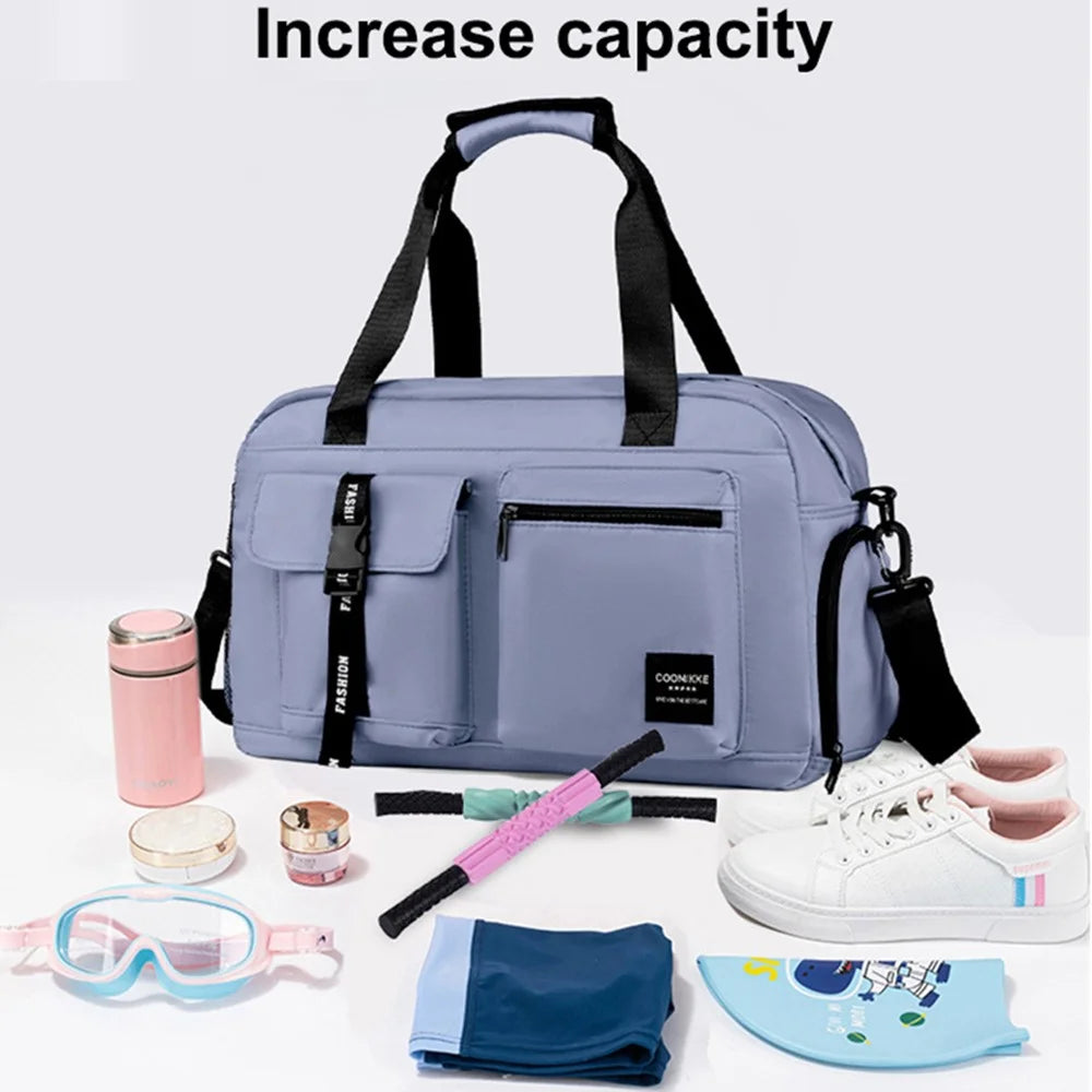 Dry Wet Separation Gym Bag Waterproof Oxford Cloth Travel Tote Bag with Shoes Compartment - Baby Blue - 5