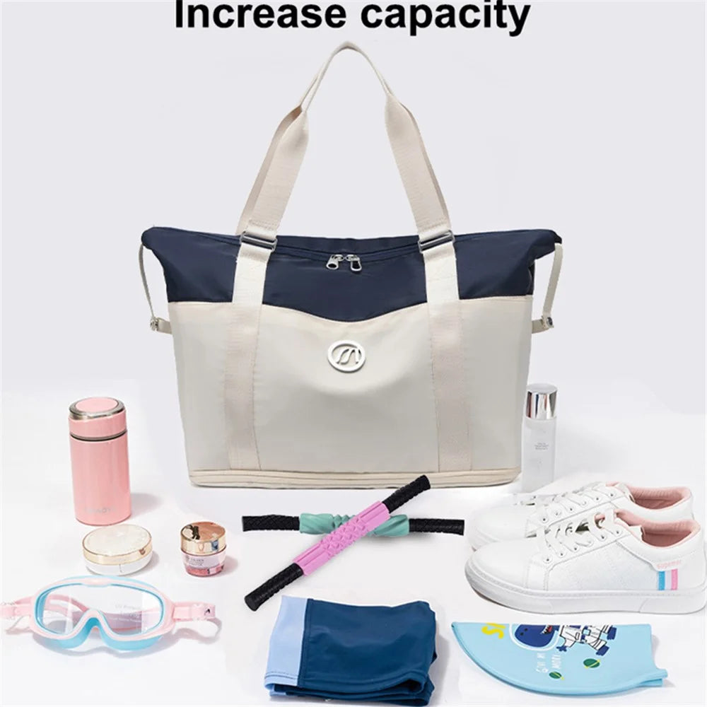 Foldable Travel Bag Waterproof Nylon Luggage Tote Bag with Expandable Capacity - Blue+Beige - 2