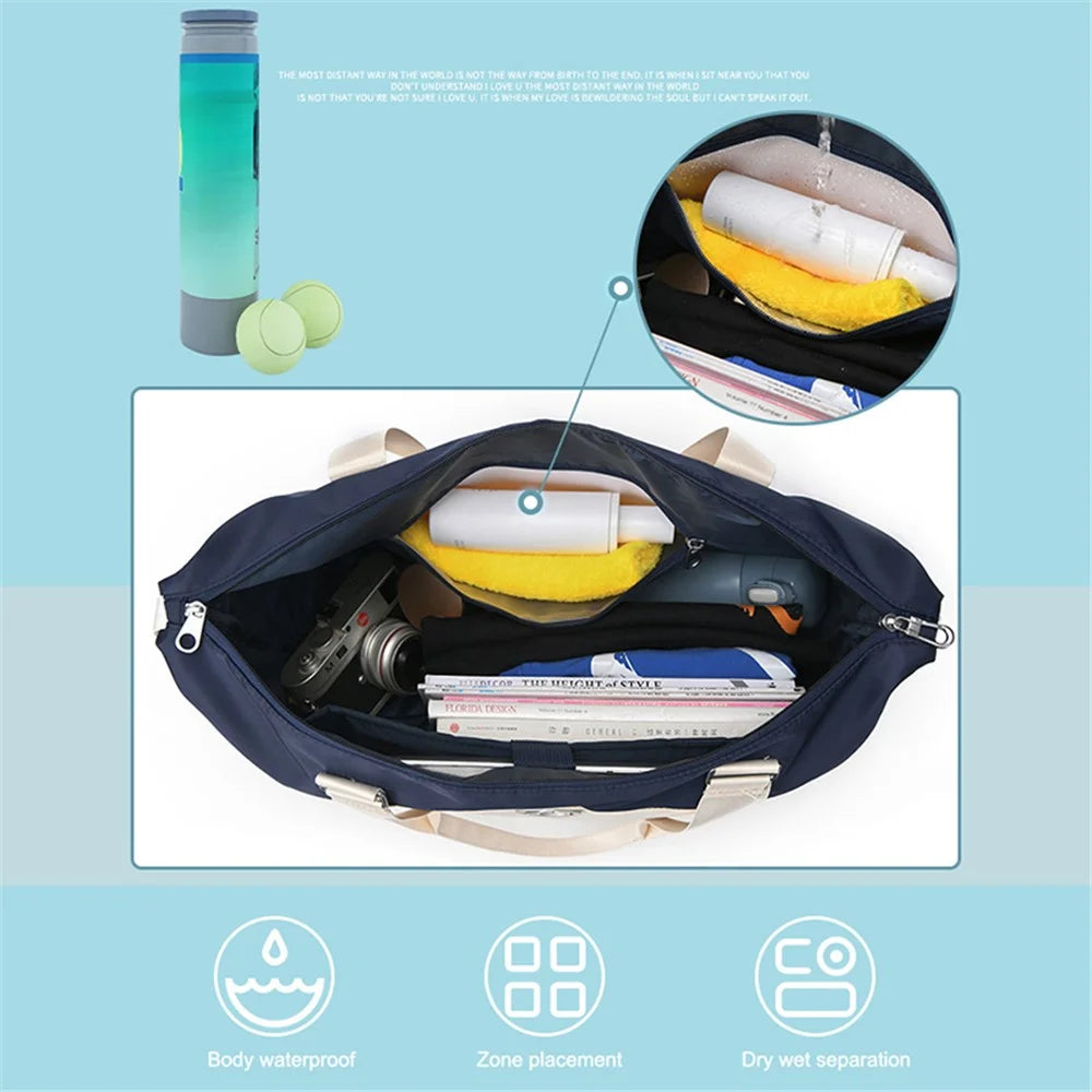 Foldable Travel Bag Waterproof Nylon Luggage Tote Bag with Expandable Capacity - Blue+Beige - 6