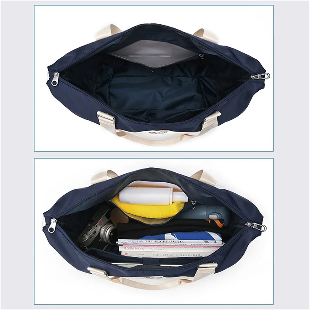 Foldable Travel Bag Waterproof Nylon Luggage Tote Bag with Expandable Capacity - Blue+Beige - 7