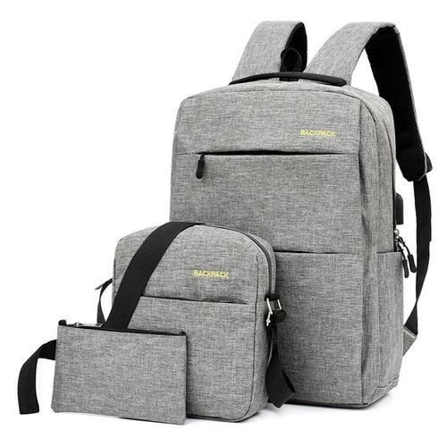 Backpack USB Charging Oxford Cloth Shoulders Bag with Small Pouch + Sling Bag - Grey - 1