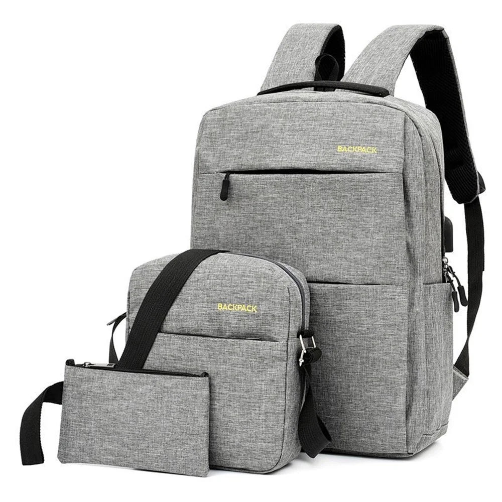 Backpack USB Charging Oxford Cloth Shoulders Bag with Small Pouch + Sling Bag - Grey - 1