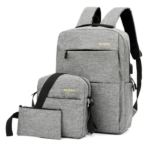 Backpack USB Charging Oxford Cloth Shoulders Bag with Small Pouch + Sling Bag - Grey - 1