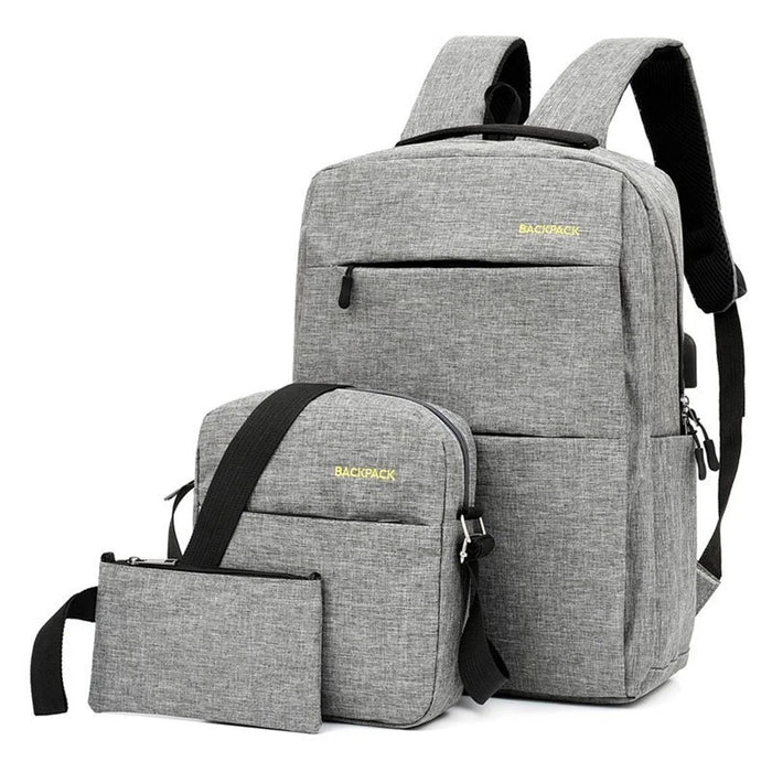 Backpack USB Charging Oxford Cloth Shoulders Bag with Small Pouch + Sling Bag - Grey - 1