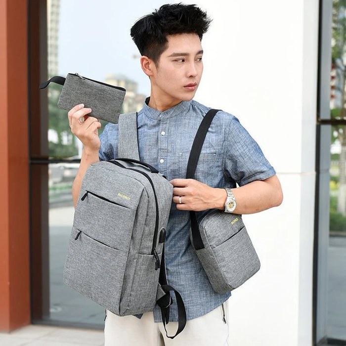 Backpack USB Charging Oxford Cloth Shoulders Bag with Small Pouch + Sling Bag - Grey - 2