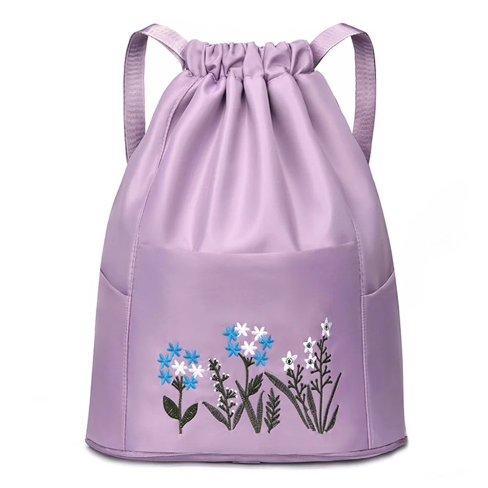 Flower Embroidery Drawstring Backpack Waterproof Oxford Cloth Foldable Shoulder Bag - Light Purple - 1