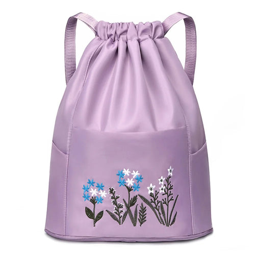 Flower Embroidery Drawstring Backpack Waterproof Oxford Cloth Foldable Shoulder Bag - Light Purple - 1