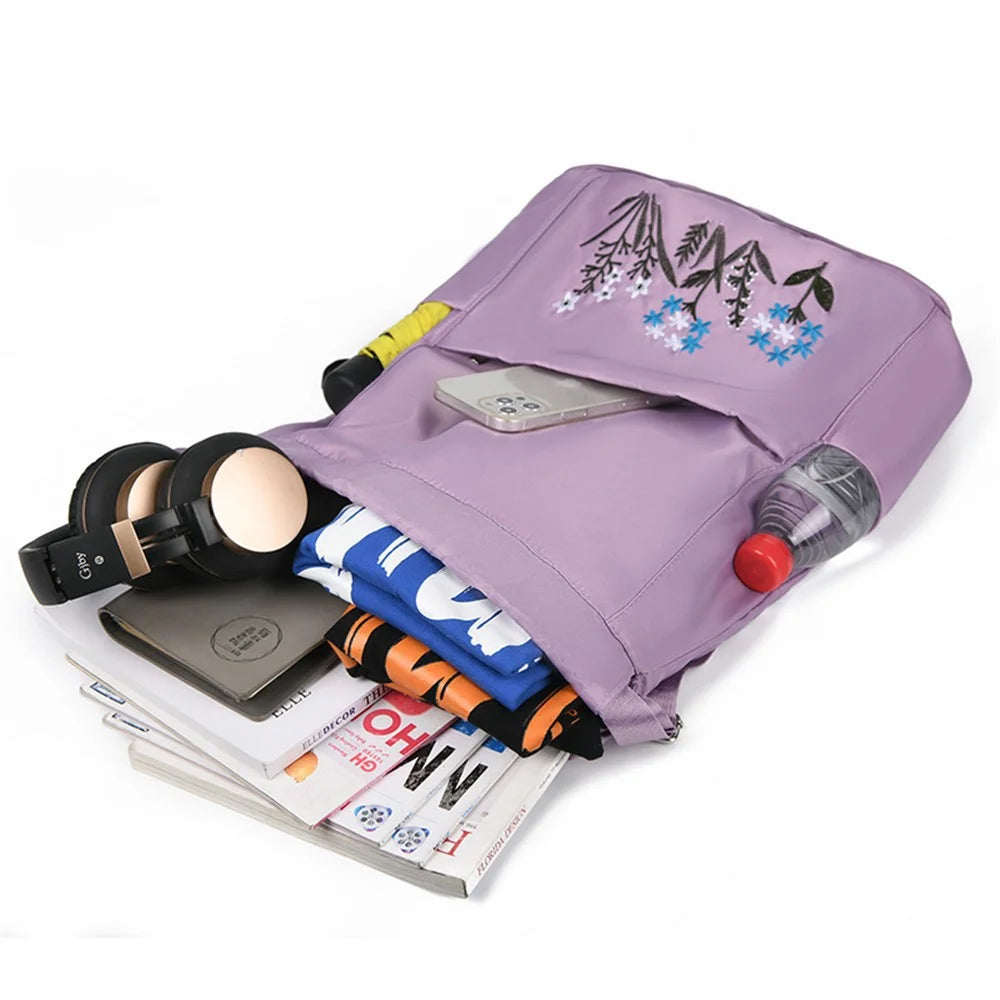 Flower Embroidery Drawstring Backpack Waterproof Oxford Cloth Foldable Shoulder Bag - Light Purple - 2