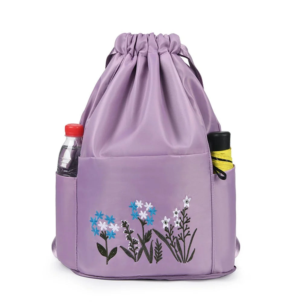Flower Embroidery Drawstring Backpack Waterproof Oxford Cloth Foldable Shoulder Bag - Light Purple - 3