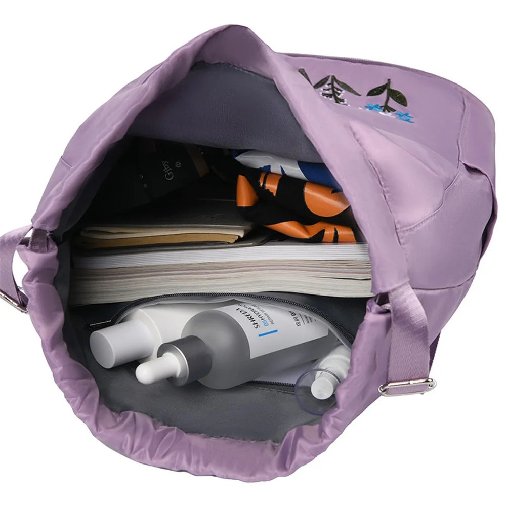 Flower Embroidery Drawstring Backpack Waterproof Oxford Cloth Foldable Shoulder Bag - Light Purple - 4