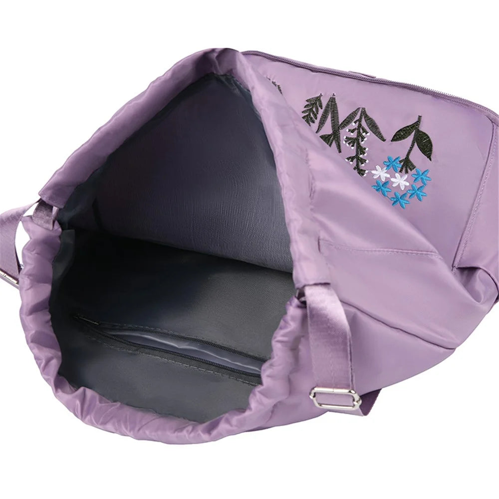 Flower Embroidery Drawstring Backpack Waterproof Oxford Cloth Foldable Shoulder Bag - Light Purple - 5