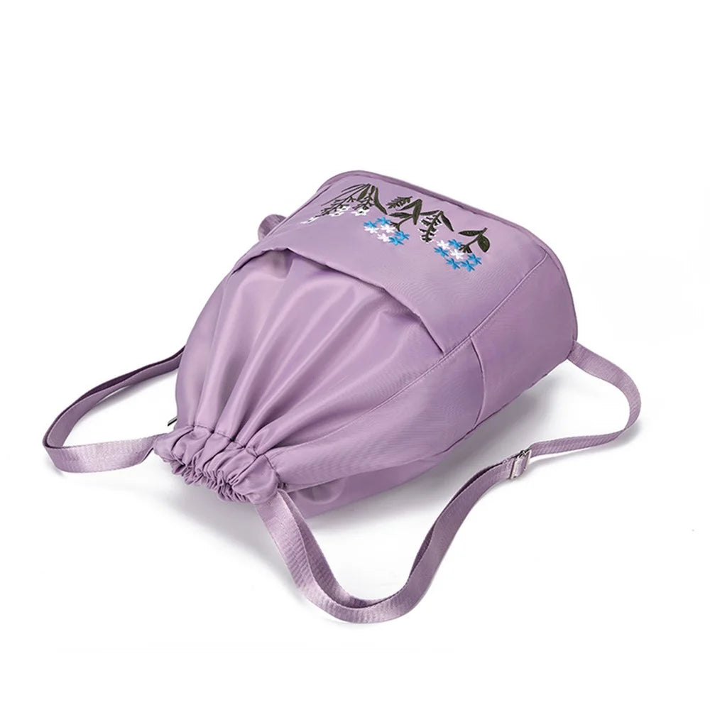 Flower Embroidery Drawstring Backpack Waterproof Oxford Cloth Foldable Shoulder Bag - Light Purple - 6