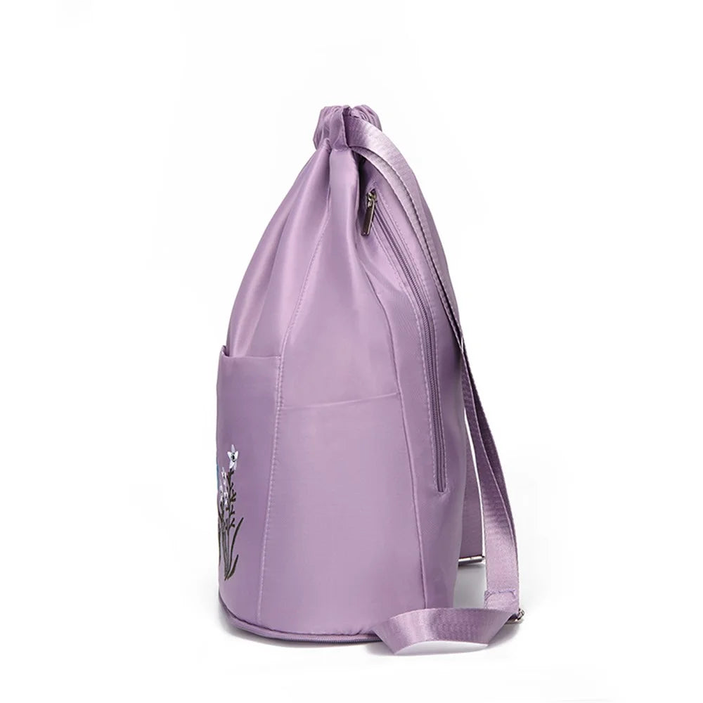 Flower Embroidery Drawstring Backpack Waterproof Oxford Cloth Foldable Shoulder Bag - Light Purple - 7