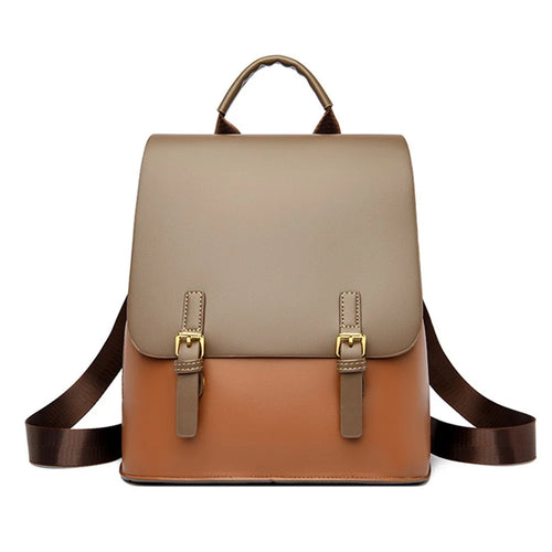 WS-5505 Color Splicing PU Leather Flap Cover Women Shoulder Bag Tote Backpack - Khaki - 1