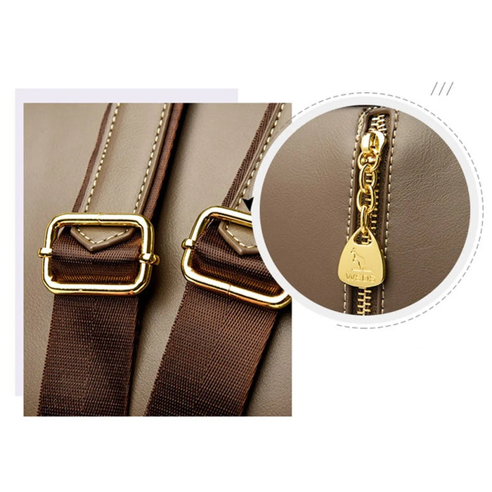 WS-5505 Color Splicing PU Leather Flap Cover Women Shoulder Bag Tote Backpack - Khaki - 3