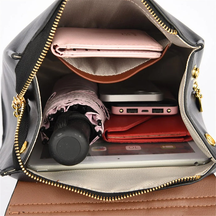 WS-5505 Color Splicing PU Leather Flap Cover Women Shoulder Bag Tote Backpack - Khaki - 5