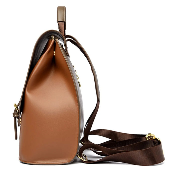 WS-5505 Color Splicing PU Leather Flap Cover Women Shoulder Bag Tote Backpack - Khaki - 6