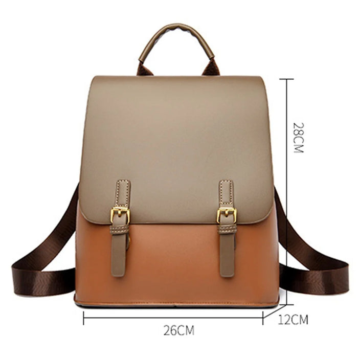 WS-5505 Color Splicing PU Leather Flap Cover Women Shoulder Bag Tote Backpack - Khaki - 7