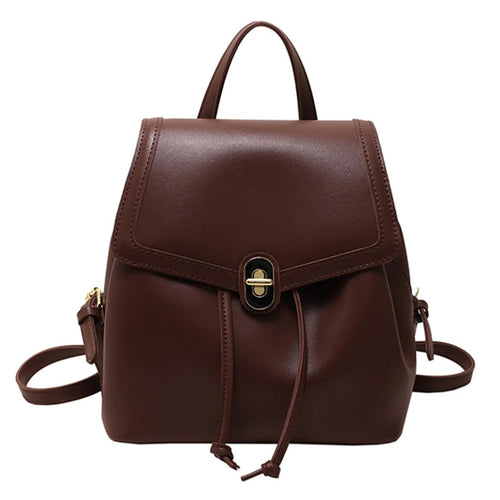 WXWG-8009 Solid Color PU Leather Small Backpack Drawstring Women Tote Rucksack - Brown - 1