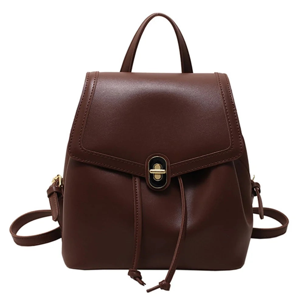 WXWG-8009 Solid Color PU Leather Small Backpack Drawstring Women Tote Rucksack - Brown - 1