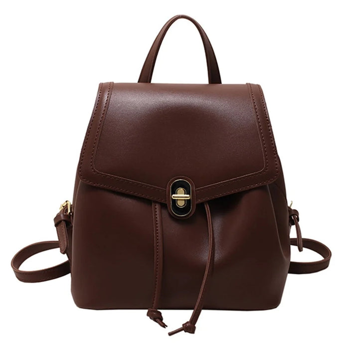 WXWG-8009 Solid Color PU Leather Small Backpack Drawstring Women Tote Rucksack - Brown - 1