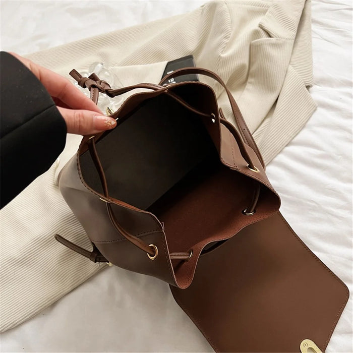 WXWG-8009 Solid Color PU Leather Small Backpack Drawstring Women Tote Rucksack - Brown - 2