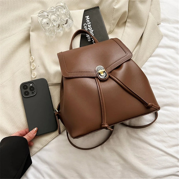 WXWG-8009 Solid Color PU Leather Small Backpack Drawstring Women Tote Rucksack - Brown - 7
