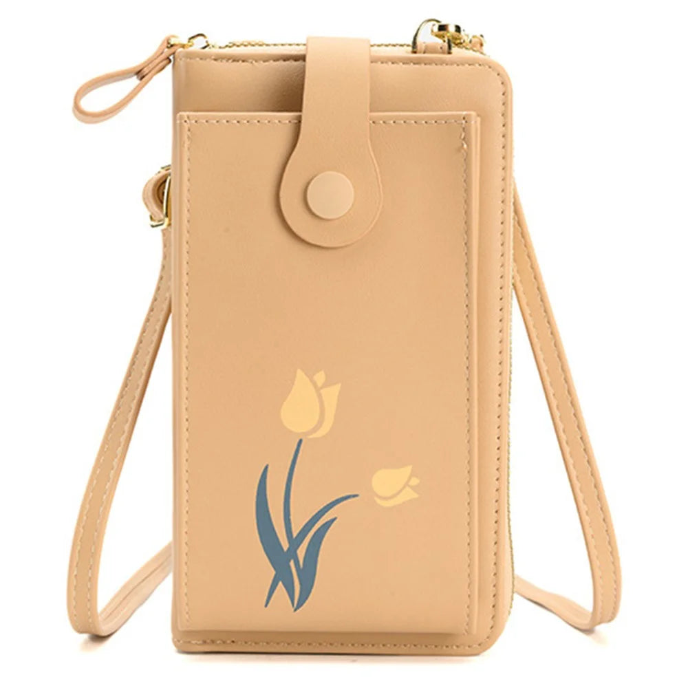 2067 Flower Pattern Printing Phone Carrying Pouch PU Leather Wallet Women Crossbody Shoulder Bag - Apricot - 1