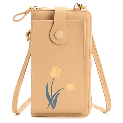 2067 Flower Pattern Printing Phone Carrying Pouch PU Leather Wallet Women Crossbody Shoulder Bag - Apricot - 1