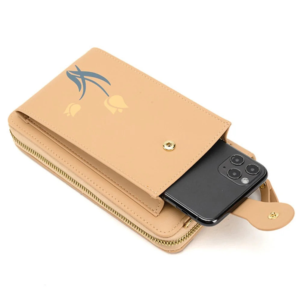 2067 Flower Pattern Printing Phone Carrying Pouch PU Leather Wallet Women Crossbody Shoulder Bag - Apricot - 2