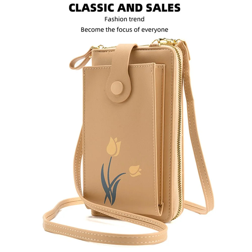 2067 Flower Pattern Printing Phone Carrying Pouch PU Leather Wallet Women Crossbody Shoulder Bag - Apricot - 4