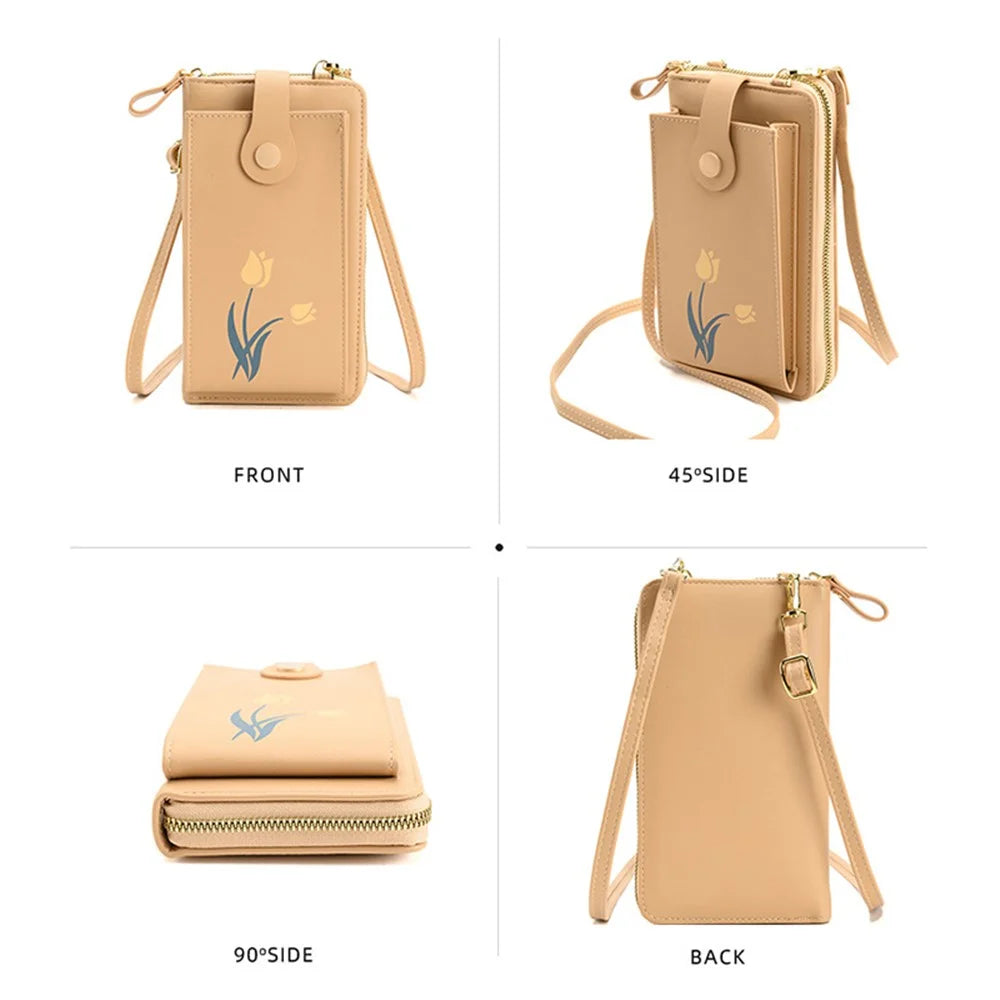 2067 Flower Pattern Printing Phone Carrying Pouch PU Leather Wallet Women Crossbody Shoulder Bag - Apricot - 5