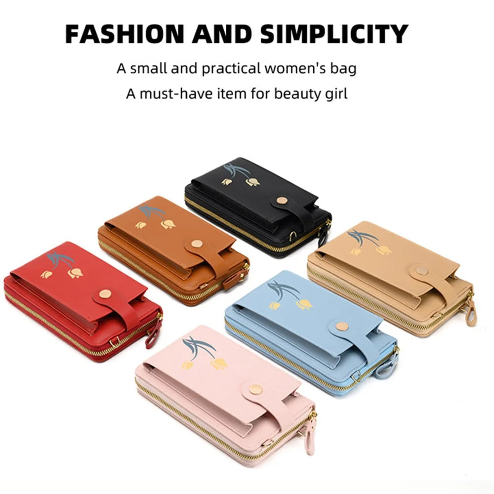 2067 Flower Pattern Printing Phone Carrying Pouch PU Leather Wallet Women Crossbody Shoulder Bag - Apricot - 6