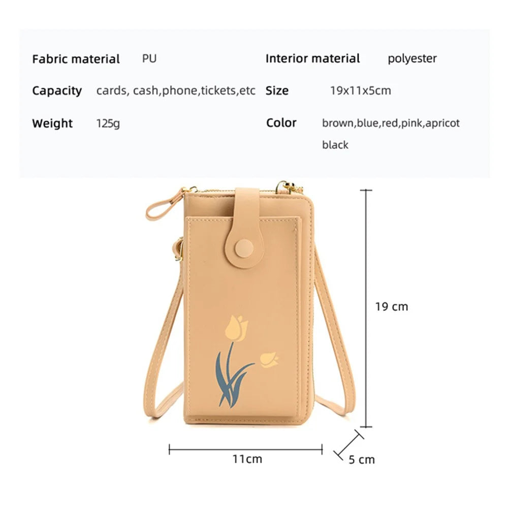 2067 Flower Pattern Printing Phone Carrying Pouch PU Leather Wallet Women Crossbody Shoulder Bag - Apricot - 7