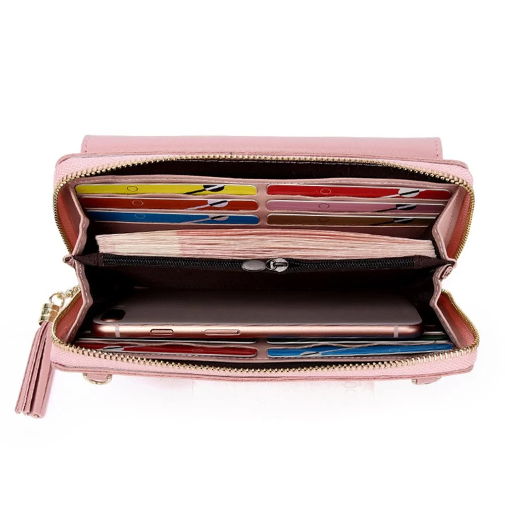 7090 Women's Large Wallet PU Leather Crossbody Bag Shoulder Bag Handbag - Pink - 2