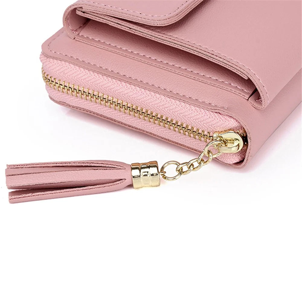 7090 Women's Large Wallet PU Leather Crossbody Bag Shoulder Bag Handbag - Pink - 4
