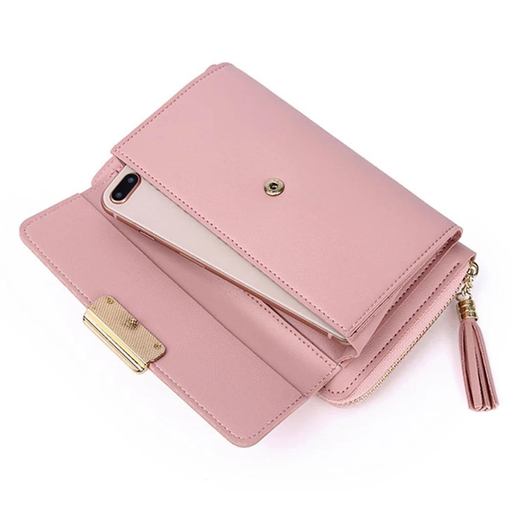 7090 Women's Large Wallet PU Leather Crossbody Bag Shoulder Bag Handbag - Pink - 6