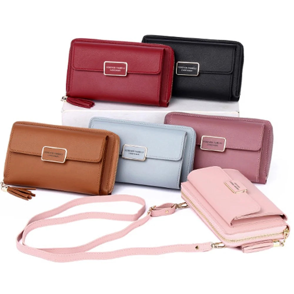 7090 Women's Large Wallet PU Leather Crossbody Bag Shoulder Bag Handbag - Pink - 7
