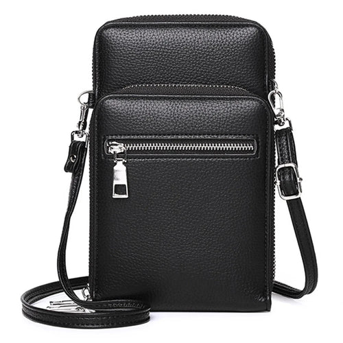 002 Double Layer PU Leather Men Zipper Wallet Cellphone Holder Small Crossbody Bag - Black - 1