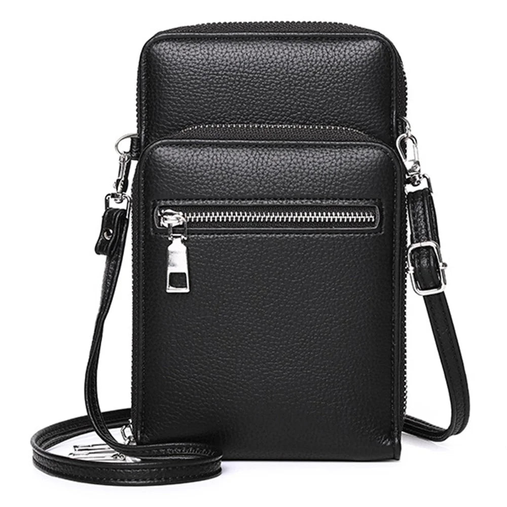 002 Double Layer PU Leather Men Zipper Wallet Cellphone Holder Small Crossbody Bag - Black - 1