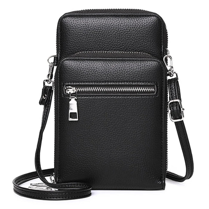 002 Double Layer PU Leather Men Zipper Wallet Cellphone Holder Small Crossbody Bag - Black - 1
