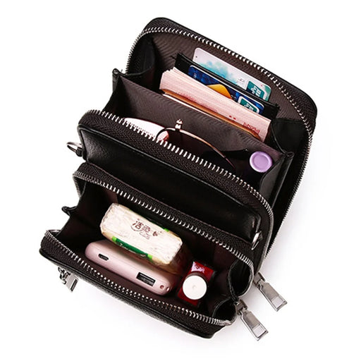 002 Double Layer PU Leather Men Zipper Wallet Cellphone Holder Small Crossbody Bag - Black - 2